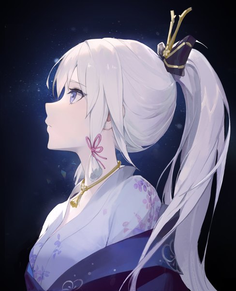Anime picture 1876x2305 with genshin impact kamisato ayaka le (huanglongen) single long hair tall image fringe highres blue eyes simple background payot looking away upper body white hair ponytail traditional clothes japanese clothes profile dark background tress ribbon