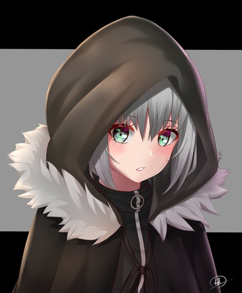 Anime picture 2480x3000 with fate (series) lord el-melloi ii case files gray (fate) vdrn1dd2gxldt3g single tall image looking at viewer blush fringe highres short hair simple background hair between eyes standing green eyes signed payot upper body parted lips grey hair