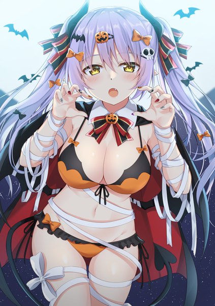Anime picture 1062x1505 with original komori kuzuyu single long hair tall image looking at viewer blush fringe breasts open mouth light erotic hair between eyes large breasts twintails yellow eyes purple hair tail nail polish horn (horns) :o