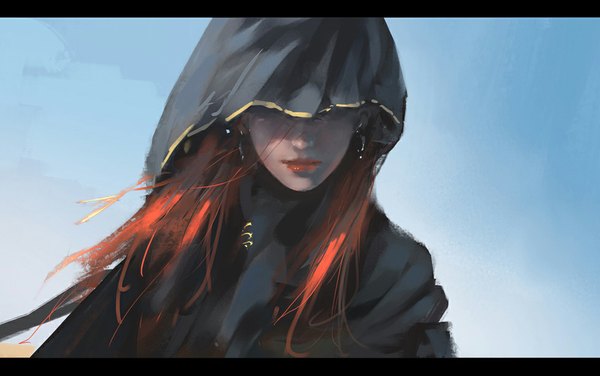 Anime picture 979x614 with ghost blade lenia wlop single long hair sky red hair wind lips realistic shadow lipstick letterboxed red lipstick covering eye (eyes) girl earrings hood cape