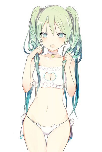 Anime picture 700x1036 with vocaloid hatsune miku lpip single long hair tall image looking at viewer blush fringe breasts open mouth light erotic hair between eyes white background twintails multicolored hair aqua eyes aqua hair alternate costume underwear only