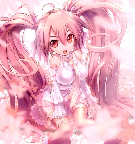 Anime picture 1209x1280 with vocaloid hatsune miku sakura miku sora to umi single tall image open mouth red eyes twintails bare shoulders pink hair very long hair girl thighhighs flower (flowers) detached sleeves petals necktie