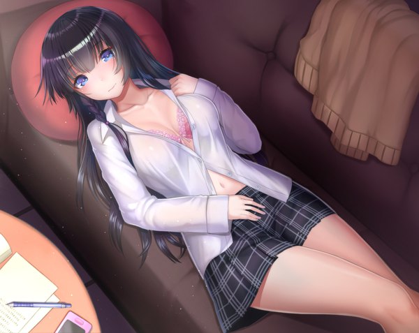 Anime picture 1000x796 with original mizuya nao single long hair looking at viewer blush fringe breasts blue eyes light erotic black hair hair between eyes cleavage indoors lying braid (braids) from above on back plaid skirt side braid