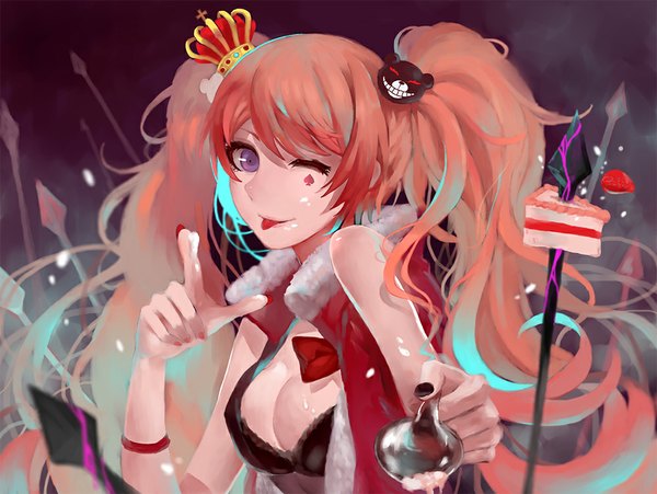 Anime picture 1000x752 with dangan ronpa enoshima junko single long hair looking at viewer breasts light erotic purple eyes twintails holding nail polish one eye closed wink wavy hair girl weapon food lingerie bra sweets
