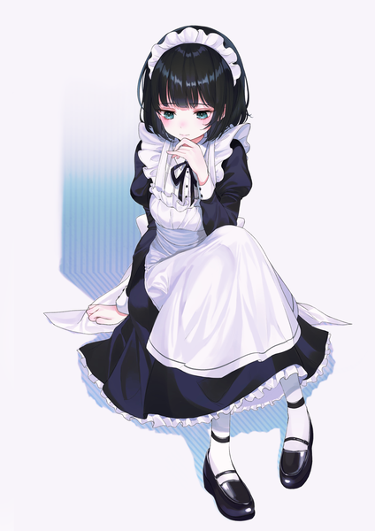 Anime picture 1191x1684 with original nabi (uz02) single tall image fringe short hair black hair simple background white background sitting green eyes full body arm support maid looking down hand to mouth girl uniform pantyhose frills