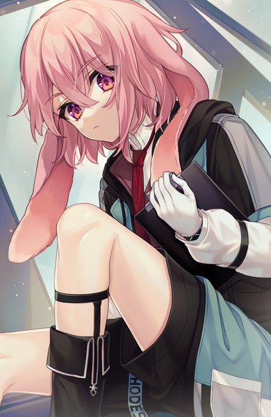 Anime picture 780x1200 with arknights ansel (arknights) karokuchitose single tall image fringe short hair hair between eyes sitting animal ears pink hair pink eyes from below bunny ears boy gloves white gloves infection monitor (arknights)