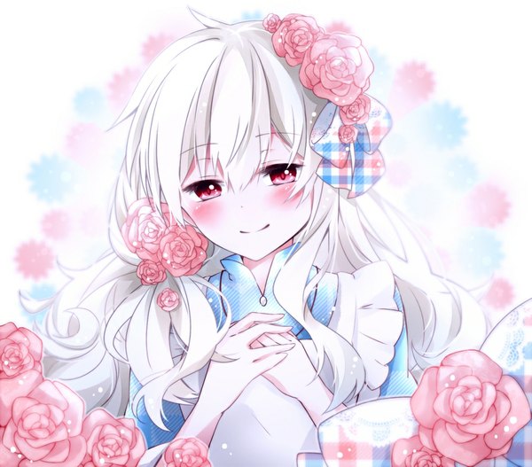 Anime picture 1000x879 with kagerou project shaft (studio) mary (kagerou project) shiawase o hakobanai chikin tori single long hair blush fringe smile red eyes standing white background ahoge white hair hair flower looking down happy crossed arms albino girl