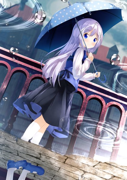 Anime picture 1273x1800 with gochuumon wa usagi desu ka? white fox kafuu chino chinomaron single long hair tall image looking at viewer blush fringe blue eyes hair between eyes holding signed sky purple hair outdoors turning head reflection polka dot