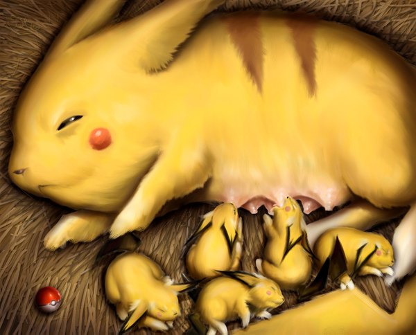 イラスト 1366x1103 と ポケットモンスタ nintendo ピカチュウ ピチュー dogsfather (artist) lying eyes closed realistic group sleeping gen 1 pokemon gen 2 pokemon 動物 子 (子供) pokeball