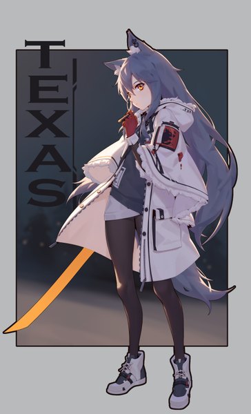 Anime picture 2008x3307 with arknights texas (arknights) texas (winter messenger) (arknights) chunrijun (springer) single long hair tall image fringe highres hair between eyes standing holding animal ears payot looking away full body tail animal tail profile inscription