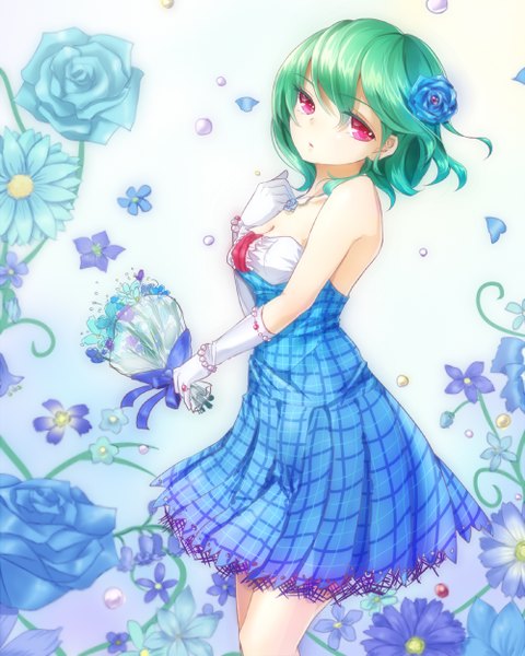 Anime picture 1000x1250 with touhou kazami yuuka shironeko yuuki single tall image looking at viewer short hair open mouth red eyes bare shoulders hair flower girl dress gloves hair ornament flower (flowers) petals bracelet white gloves bouquet