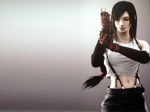 Anime picture 1024x768 with final fantasy final fantasy vii square enix tifa lockhart tagme (artist) fringe tail bare belly adjusting clothes 3d adjusting gloves gloves navel hair ornament fingerless gloves crop top suspenders red gloves tank top buckles