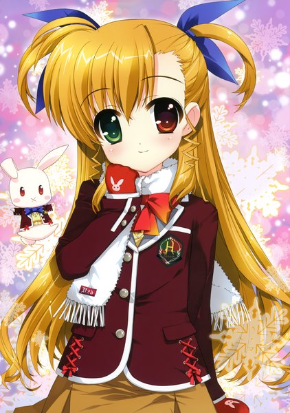 Anime picture 2462x3500 with mahou shoujo lyrical nanoha takamachi vivio fujima takuya single long hair tall image looking at viewer blush highres blonde hair loli two side up heterochromia girl skirt uniform school uniform scarf snowflake (snowflakes) mittens