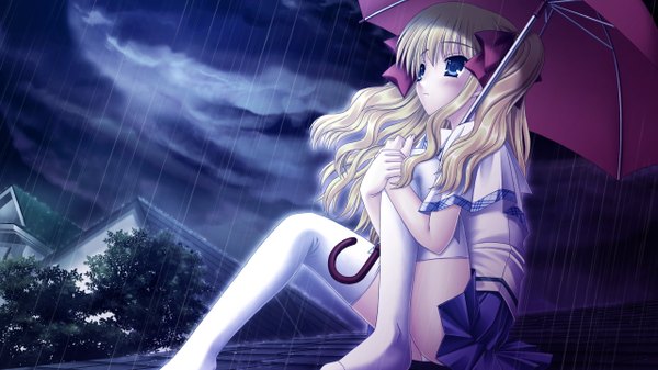 Anime picture 2560x1440 with sin kuro to kiiro no shoujo claire asuka pyon single long hair blush fringe highres blue eyes light erotic blonde hair wide image sitting twintails sky cloud (clouds) outdoors night no shoes rain