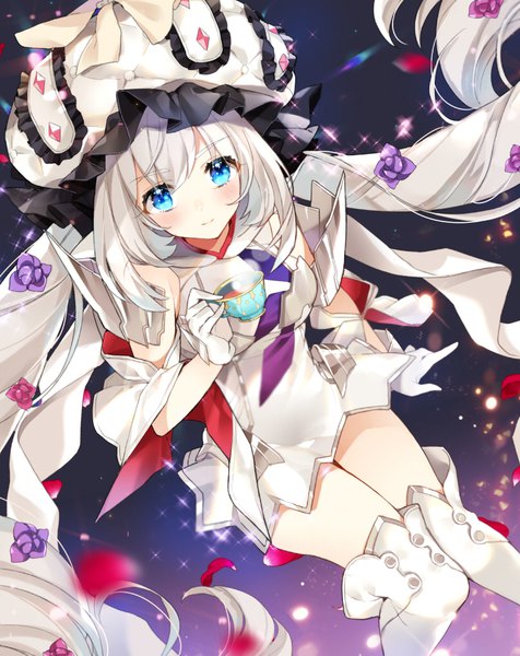 Anime picture 805x1013 with fate (series) fate/grand order marie antoinette (fate/grand order) pingo single tall image looking at viewer blush blue eyes sitting twintails silver hair very long hair hair flower from above sparkle zettai ryouiki girl gloves flower (flowers)