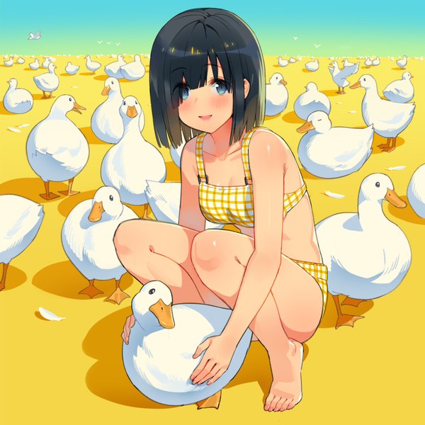 Anime picture 2000x2000 with original ddal single looking at viewer blush fringe highres short hair open mouth blue eyes black hair smile bare shoulders full body bent knee (knees) outdoors nail polish :d barefoot hair over one eye