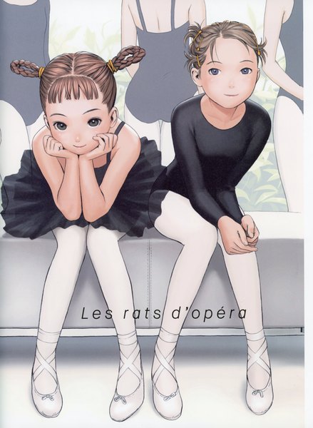 Anime picture 5092x6966 with futurelog (artbook) range murata tall image looking at viewer highres short hair blue eyes smile brown hair sitting multiple girls absurdres braid (braids) scan arm support grey eyes flat chest chin rest hair rings ballerina