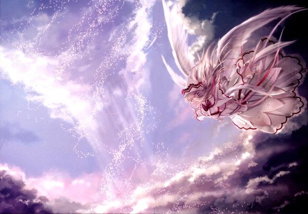 Anime picture 9521x6609 with touhou lily white miyuki ruria single long hair highres blue eyes blonde hair absurdres sky cloud (clouds) full body profile scan looking down spread arms flying scenic multiple wings girl