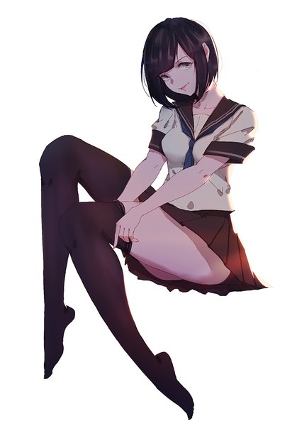 Anime picture 699x1000 with original aya (star) single tall image looking at viewer short hair light erotic black hair simple background white background brown eyes full body light smile legs girl thighhighs skirt uniform black thighhighs miniskirt