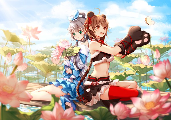 Anime picture 1061x750 with vocaloid vocaloid china luo tianyi yuezheng ling clouble long hair looking at viewer blush fringe open mouth red eyes brown hair sitting twintails bare shoulders multiple girls green eyes animal ears looking away sky