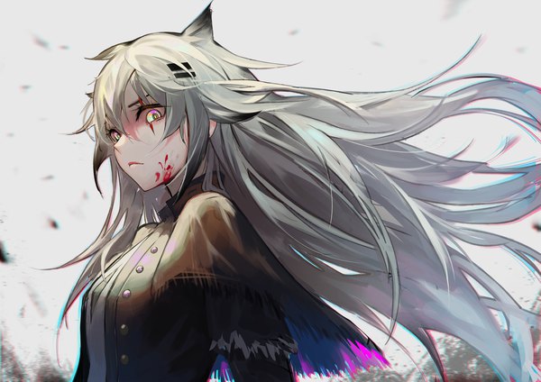 Anime picture 2339x1653 with arknights lappland (arknights) krin single long hair looking at viewer fringe highres simple background hair between eyes animal ears yellow eyes silver hair floating hair scar serious wolf ears multicolored eyes blood on face wolf girl