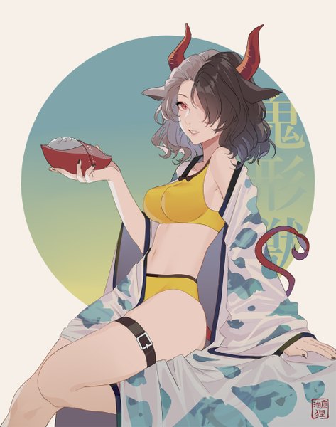 Anime picture 1000x1268 with touhou ushizaki urumi hillly (maiwetea) single tall image looking at viewer fringe short hair breasts light erotic black hair red eyes holding animal ears tail nail polish traditional clothes japanese clothes animal tail multicolored hair