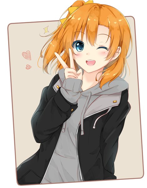 Anime picture 902x1148 with love live! school idol project sunrise (studio) love live! kousaka honoka kurottari single tall image blush fringe short hair open mouth blue eyes looking away one eye closed wink orange hair one side up victory girl bow