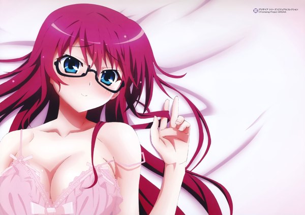 Anime picture 8166x5768 with grisaia no kajitsu suou amane single long hair looking at viewer blush fringe highres breasts blue eyes light erotic hair between eyes absurdres red hair scan official art girl glasses lingerie bra