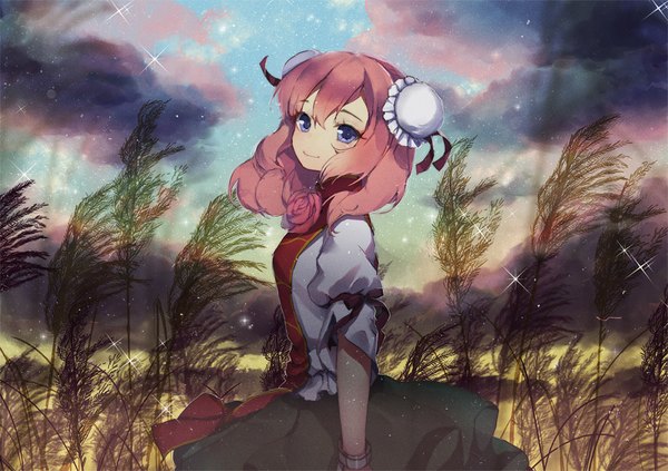 Anime picture 1000x706 with touhou ibaraki kasen acidear single long hair blush smile purple eyes pink hair sky cloud (clouds) traditional clothes sparkle hair bun (hair buns) evening chinese clothes looking up girl plant (plants) bun cover
