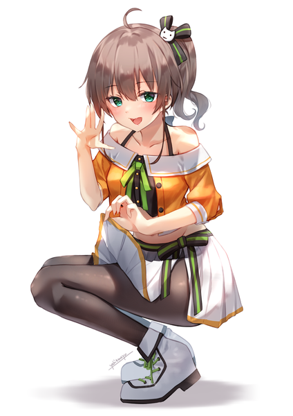 Anime picture 955x1351 with virtual youtuber hololive natsuiro matsuri natsuiro matsuri (1st costume) yaki mayu single tall image looking at viewer fringe short hair open mouth light erotic simple background hair between eyes brown hair white background green eyes signed full body ahoge