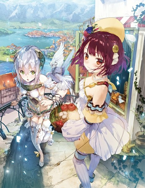 Anime picture 616x800 with atelier (series) atelier sophie gust (company) sophie neuenmuller plachta yuugen noco (adamas) tall image looking at viewer blush fringe short hair open mouth standing bare shoulders multiple girls holding brown eyes green eyes silver hair