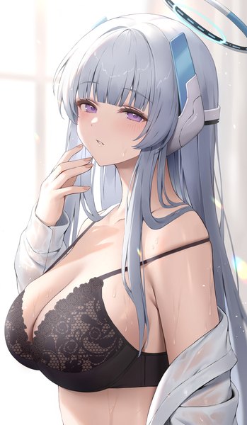 Anime picture 1515x2607 with blue archive noa (blue archive) hibimaru single long hair tall image looking at viewer fringe breasts light erotic large breasts purple eyes cleavage silver hair upper body blunt bangs parted lips arm up off shoulder sweat