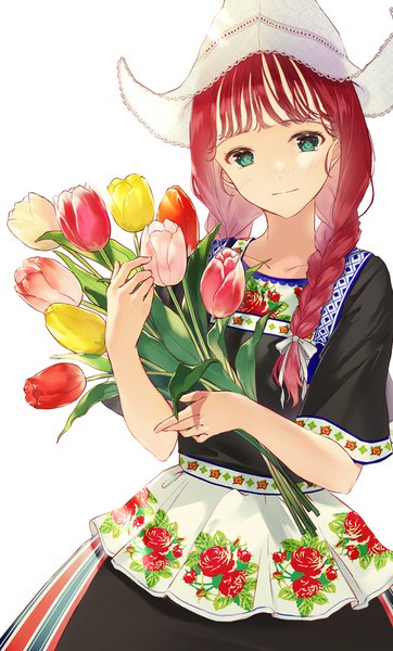 Anime picture 603x1000 with original kusaka kou single long hair tall image looking at viewer blush fringe simple background standing white background red hair blunt bangs braid (braids) traditional clothes head tilt aqua eyes light smile twin braids floral print