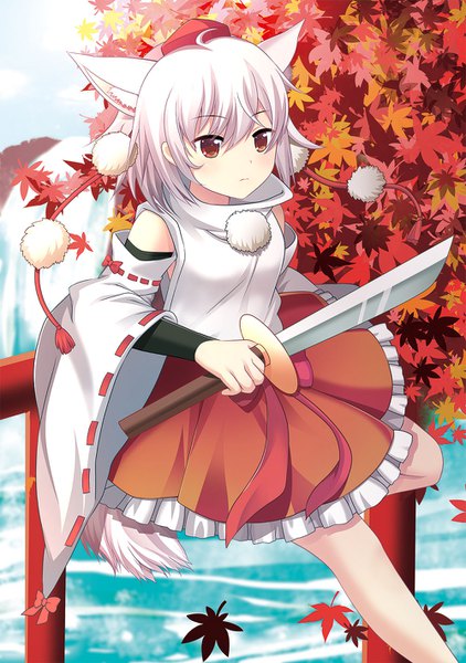 Anime picture 1000x1422 with touhou inubashiri momiji swami single tall image fringe short hair hair between eyes red eyes animal ears looking away ahoge white hair tail animal tail expressionless wolf ears wolf tail wolf girl waterfall