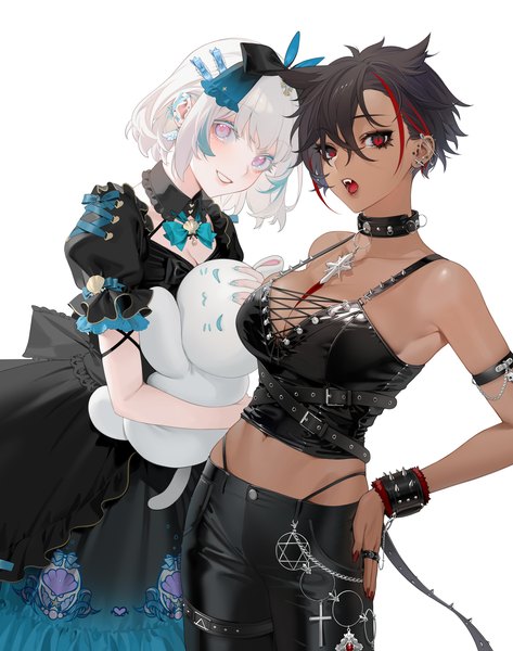 Anime picture 1499x1900 with original nacchan (ohisashiburi) micchan (ohisashiburi) ohisashiburi tall image looking at viewer fringe short hair breasts open mouth light erotic black hair simple background smile hair between eyes red eyes large breasts white background bare shoulders multiple girls