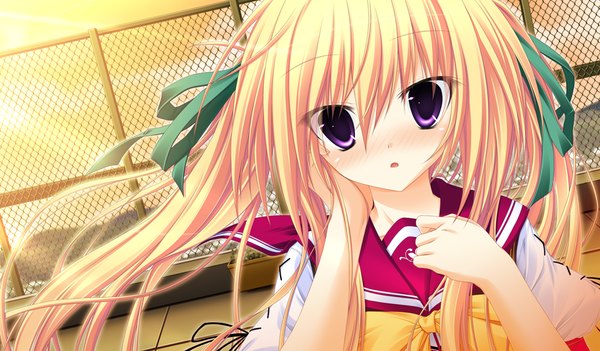 Anime picture 1024x600 with sora to kumo to kimi no koi long hair blush blonde hair wide image twintails purple eyes game cg girl uniform ribbon (ribbons) hair ribbon school uniform