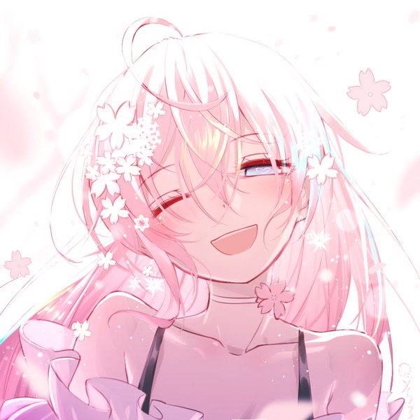 Anime picture 1000x1000 with original qys3 single long hair looking at viewer blush fringe open mouth simple background smile hair between eyes purple eyes bare shoulders payot pink hair upper body ahoge head tilt one eye closed hair flower