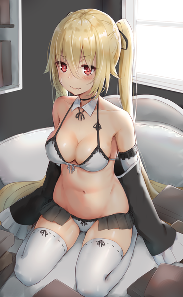 Anime picture 1000x1619 with original reinama single tall image blush fringe breasts light erotic blonde hair hair between eyes red eyes large breasts sitting twintails bare shoulders looking away cleavage indoors very long hair sweatdrop