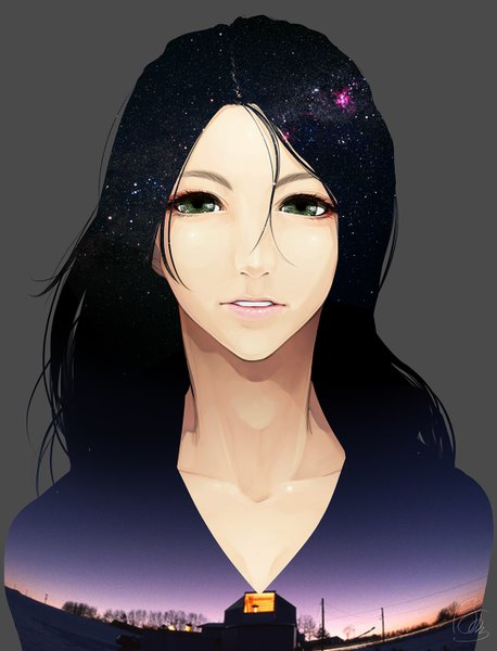 Anime picture 1080x1416 with original poaro single long hair tall image looking at viewer black hair simple background green eyes parted lips night grey background night sky starry sky print milky way space print double exposure girl plant (plants) tree (trees)