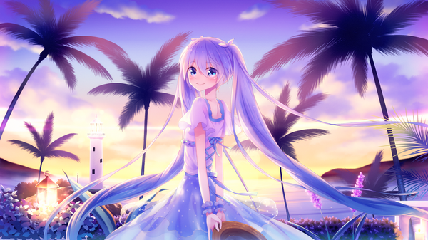 Anime picture 1500x844 with vocaloid hatsune miku sakakidani single looking at viewer blush fringe blue eyes smile hair between eyes wide image standing twintails holding payot sky purple hair cloud (clouds) outdoors very long hair