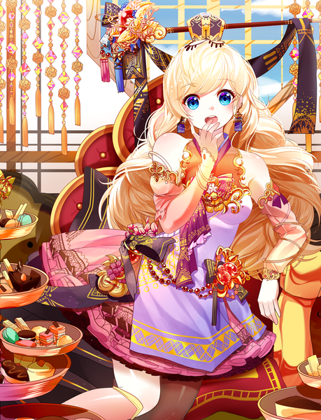 Anime picture 1920x2510 with original lepoule single long hair tall image blush fringe highres open mouth blonde hair bare shoulders indoors horn (horns) hand to mouth girl dress hair ornament earrings food headdress