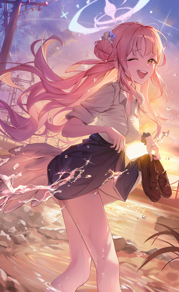 Anime picture 3035x4935 with blue archive mika (blue archive) okkimon single long hair tall image looking at viewer blush fringe highres open mouth smile standing holding yellow eyes pink hair absurdres sky outdoors one eye closed