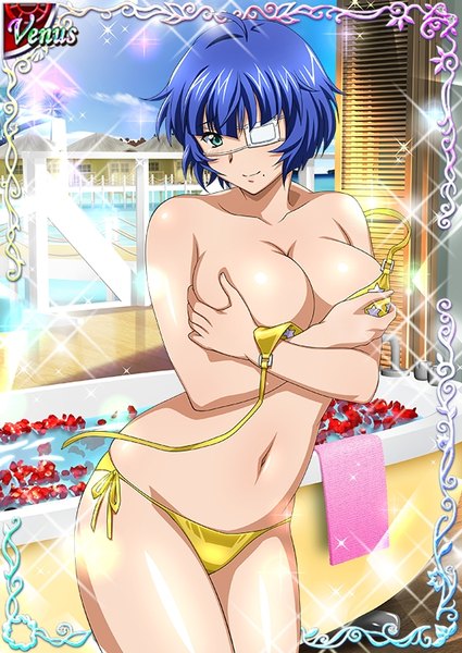 Anime picture 567x800 with ikkitousen ryomou shimei single tall image looking at viewer short hair breasts blue eyes light erotic blue hair cleavage mole card (medium) mole under mouth girl navel swimsuit bikini eyepatch