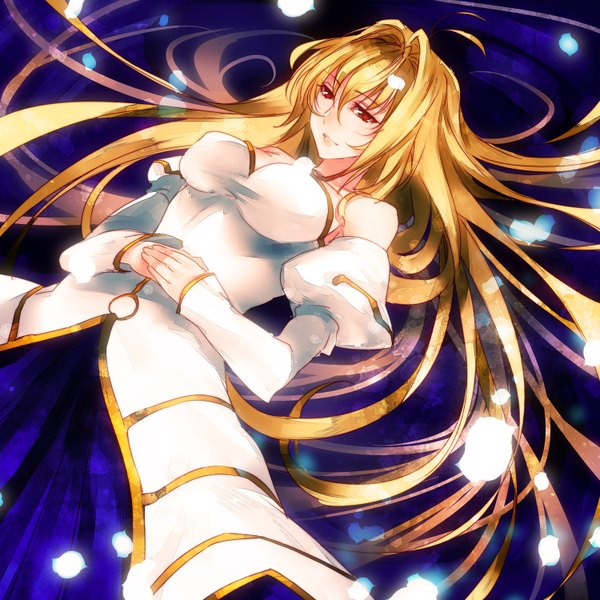 Anime picture 1500x1500 with shingetsutan tsukihime melty blood type-moon arcueid brunestud tamachi kuwa single long hair blonde hair red eyes bare shoulders lying girl dress detached sleeves petals