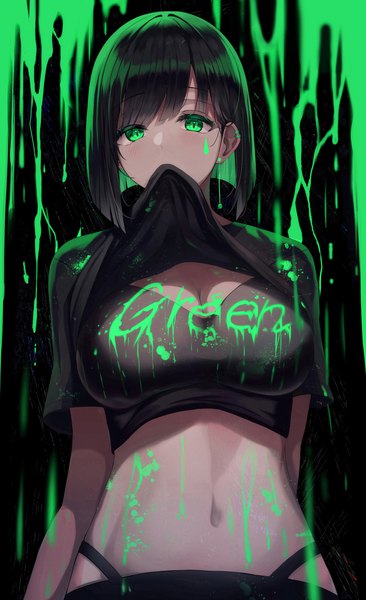 Anime picture 1831x3000 with original gongha single tall image looking at viewer blush fringe highres short hair breasts light erotic black hair simple background large breasts standing holding green eyes multicolored hair green hair inscription