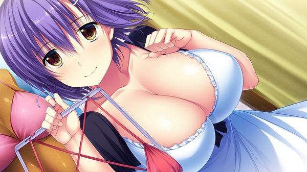 Anime picture 1280x720 with umisora no fragments yuuri nishinomiya single looking at viewer blush short hair breasts light erotic wide image large breasts brown eyes game cg cleavage purple hair girl dress