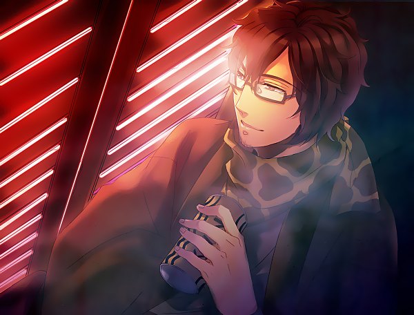 Anime picture 1200x912 with waiatto single short hair red hair boy glasses scarf drink