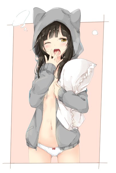 Anime picture 640x948 with original kurottari single long hair tall image open mouth light erotic brown hair standing yellow eyes long sleeves one eye closed open clothes pink background hand to mouth animal hood pillow hug yawn girl navel