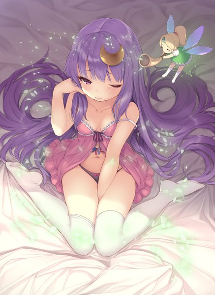 Anime picture 708x972 with touhou patchouli knowledge pokachu single tall image blush fringe breasts light erotic sitting purple eyes bare shoulders cleavage purple hair full body very long hair one eye closed from above tears wariza