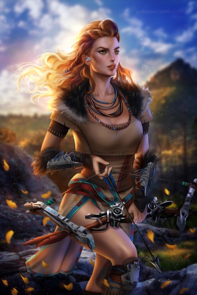 Anime picture 3000x4501 with horizon zero dawn aloy (horizon) ayyasap single long hair tall image highres standing signed yellow eyes looking away sky cloud (clouds) outdoors wind lips sunlight blurry orange hair realistic